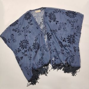 Hollister Blue Kimono With Black Velvet Flowers Fringe One Size